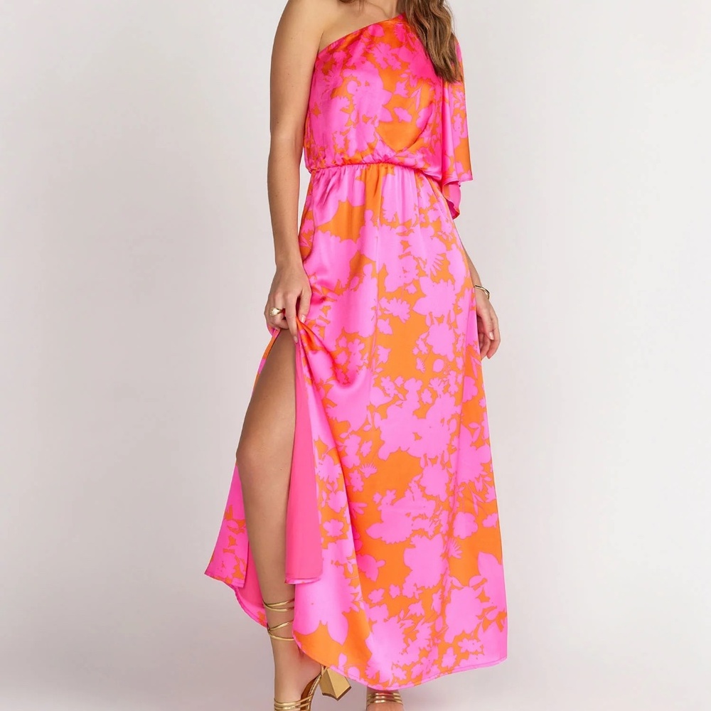 Sugarlips Orange & Pink Floral One Shoulder Side Slit Satin Maxi Dress Size XS